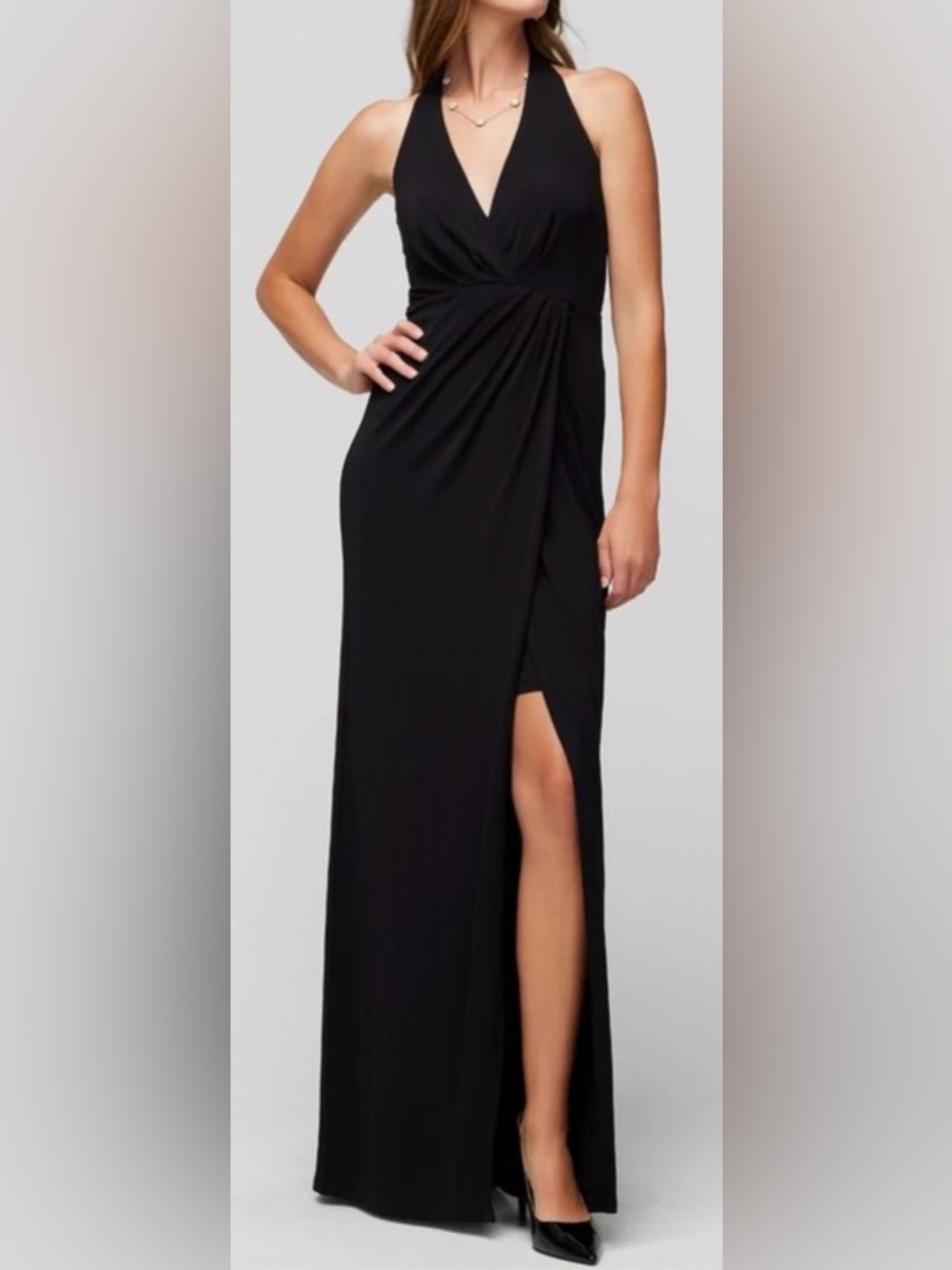 NWT White House Black Market Halter Draped Matte Jersey Dress with Slit, Size 6